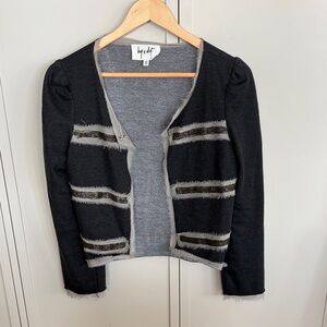 Maje Black Cardigan with Gray Fringe Trim